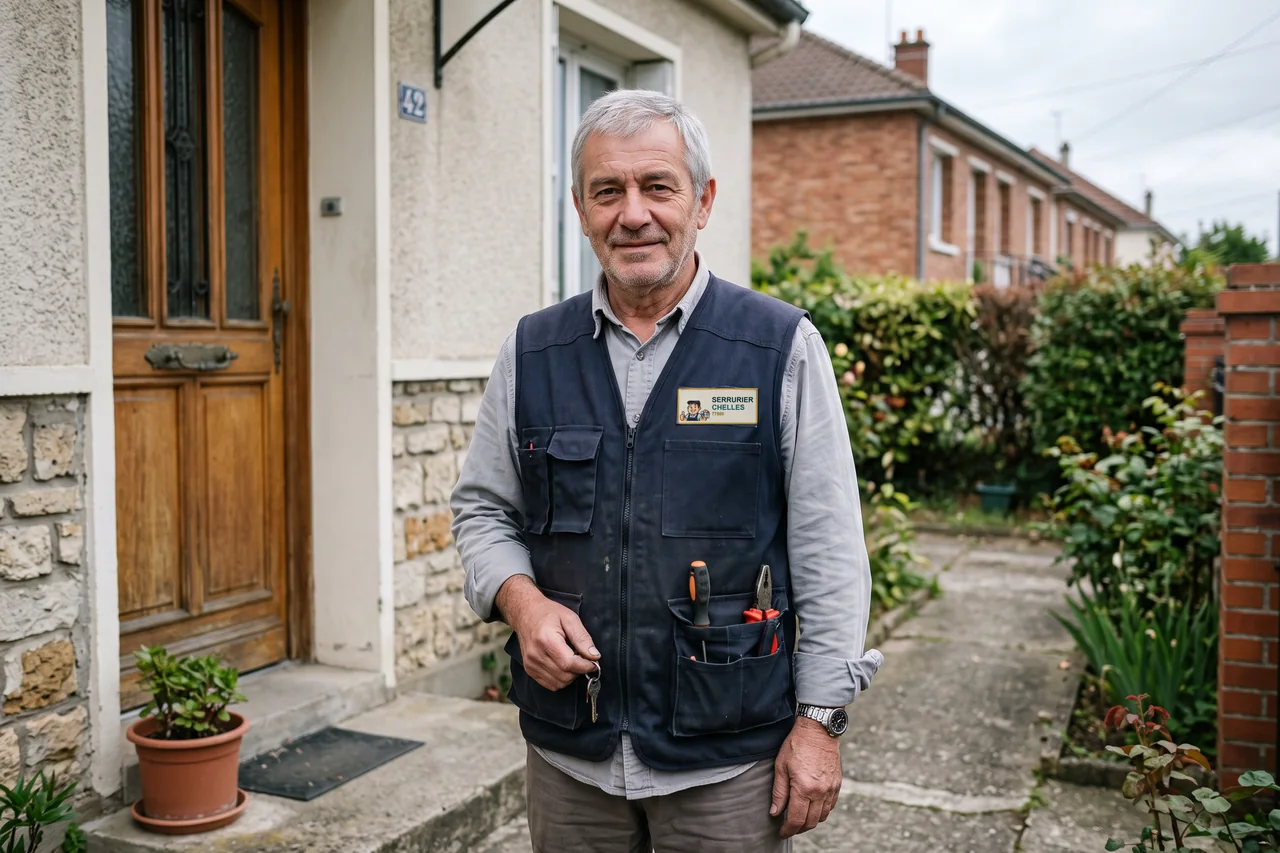 Votre serrurier à Chelles devant la porte d'entrée d'une maison, gilet porte-outils aux couleurs de Serrurier Chelles