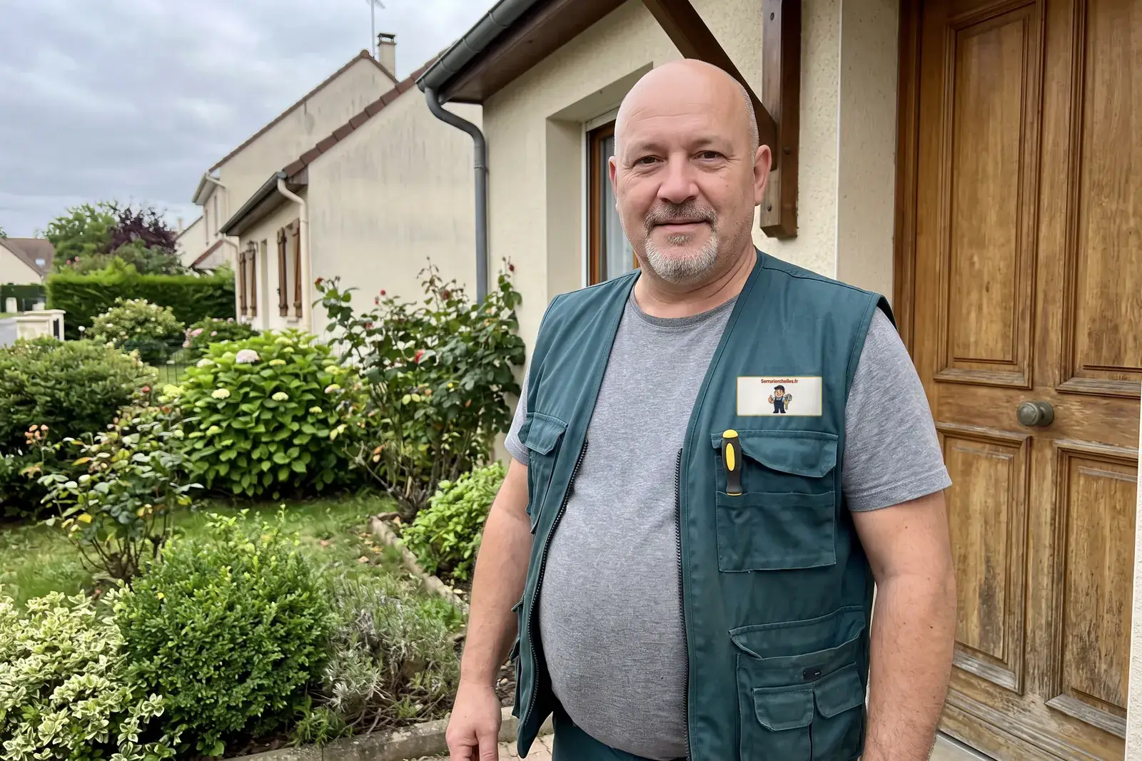 Votre serrurier à Chelles devant la porte d'une maison, gilet de travail avec l'écusson Serrurier Chelles